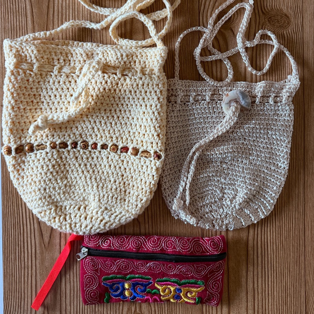 Handcrafted Cream and Tan Crochet Bags and zipper red pouch